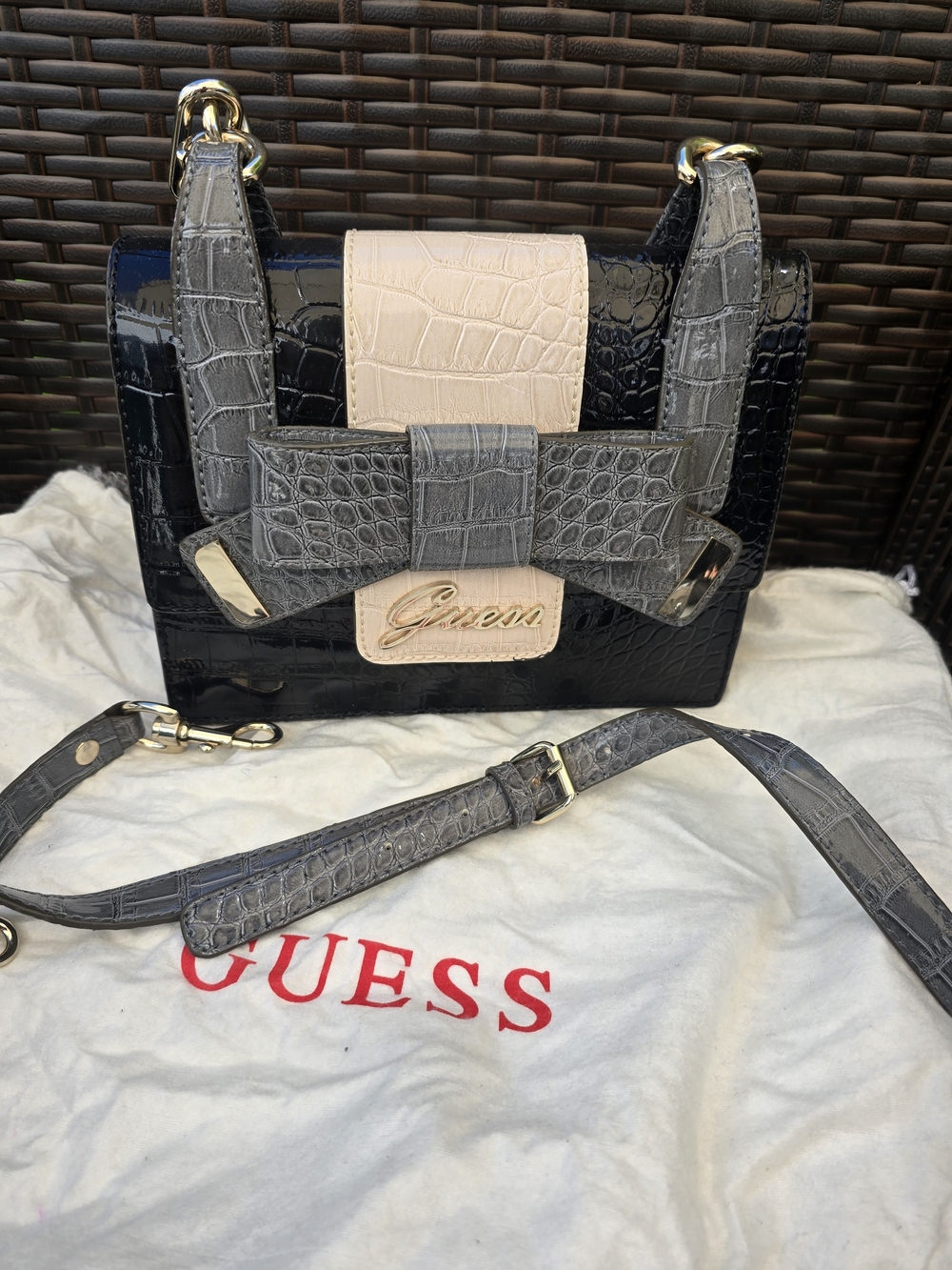GUESS Two-Tone Croc-Embossed Bow Satchel in Black and Cream